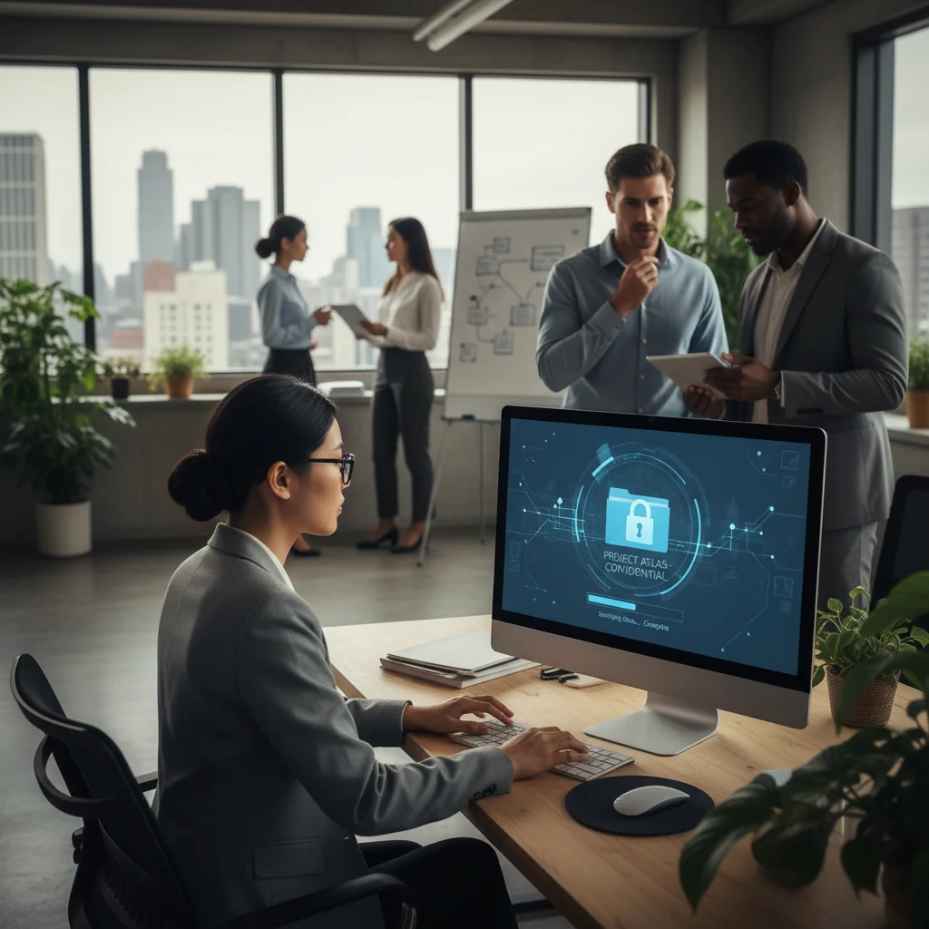 A professional office setting where a business employee is working at a desk with a computer, surrounded by colleagues in a collaborative environment, symbolizing trust, confidentiality, and secure information handling in the workplace.