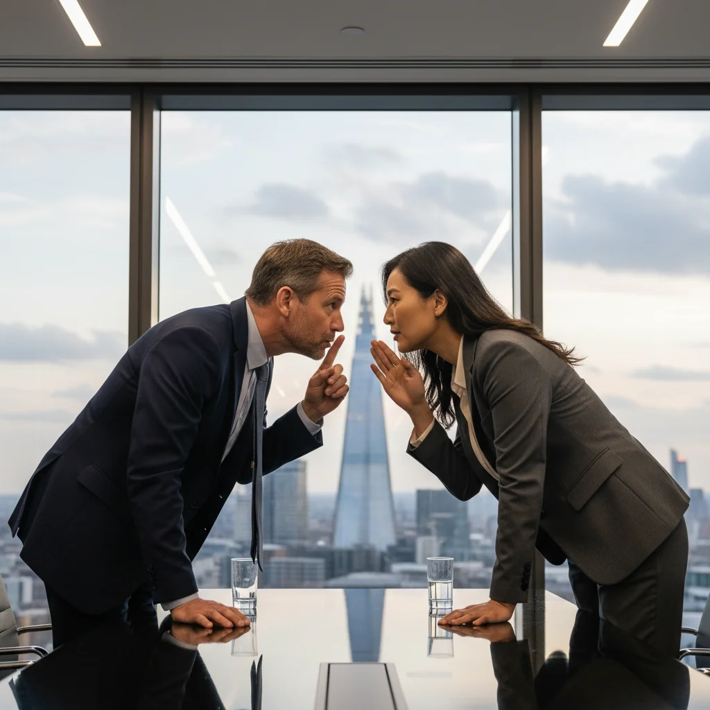 A photorealistic image of two professional adults in a modern UK office setting, engaged in a confidential discussion over coffee, symbolizing trust and discretion in business relationships without revealing sensitive information.