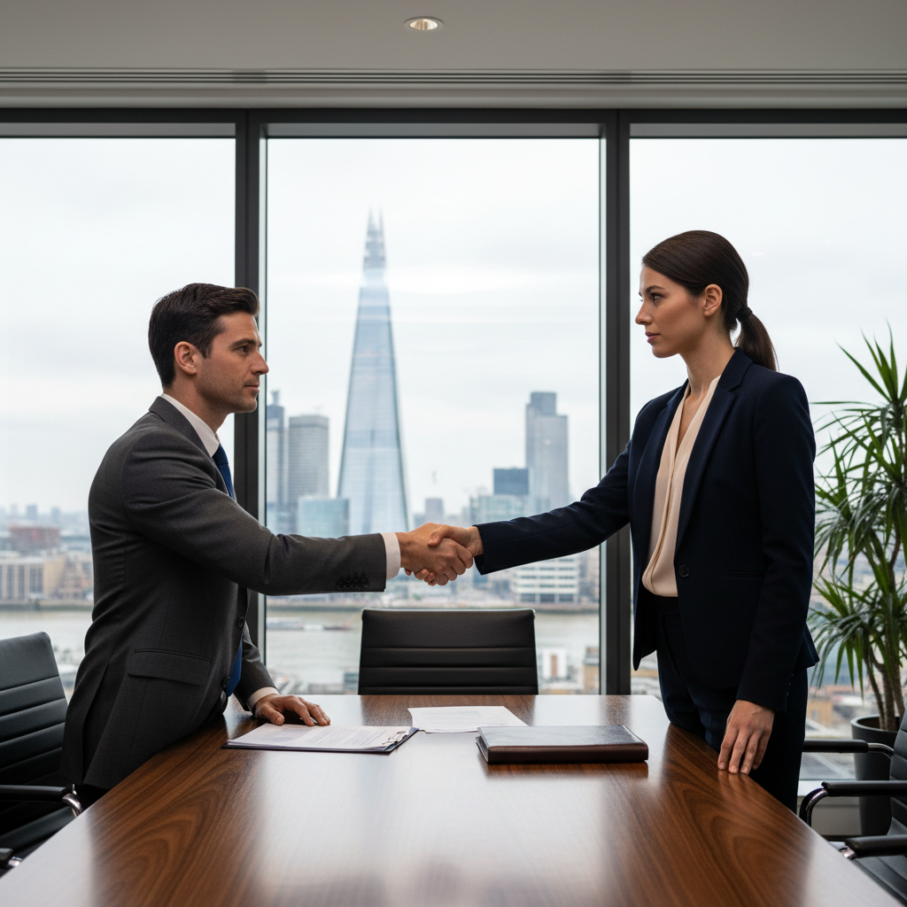A professional business meeting in a modern UK office where two adults are shaking hands over a conference table, symbolizing a confidential agreement, with subtle UK elements like a Union Jack flag in the background. The scene conveys trust, partnership, and non-disclosure without showing any documents.
