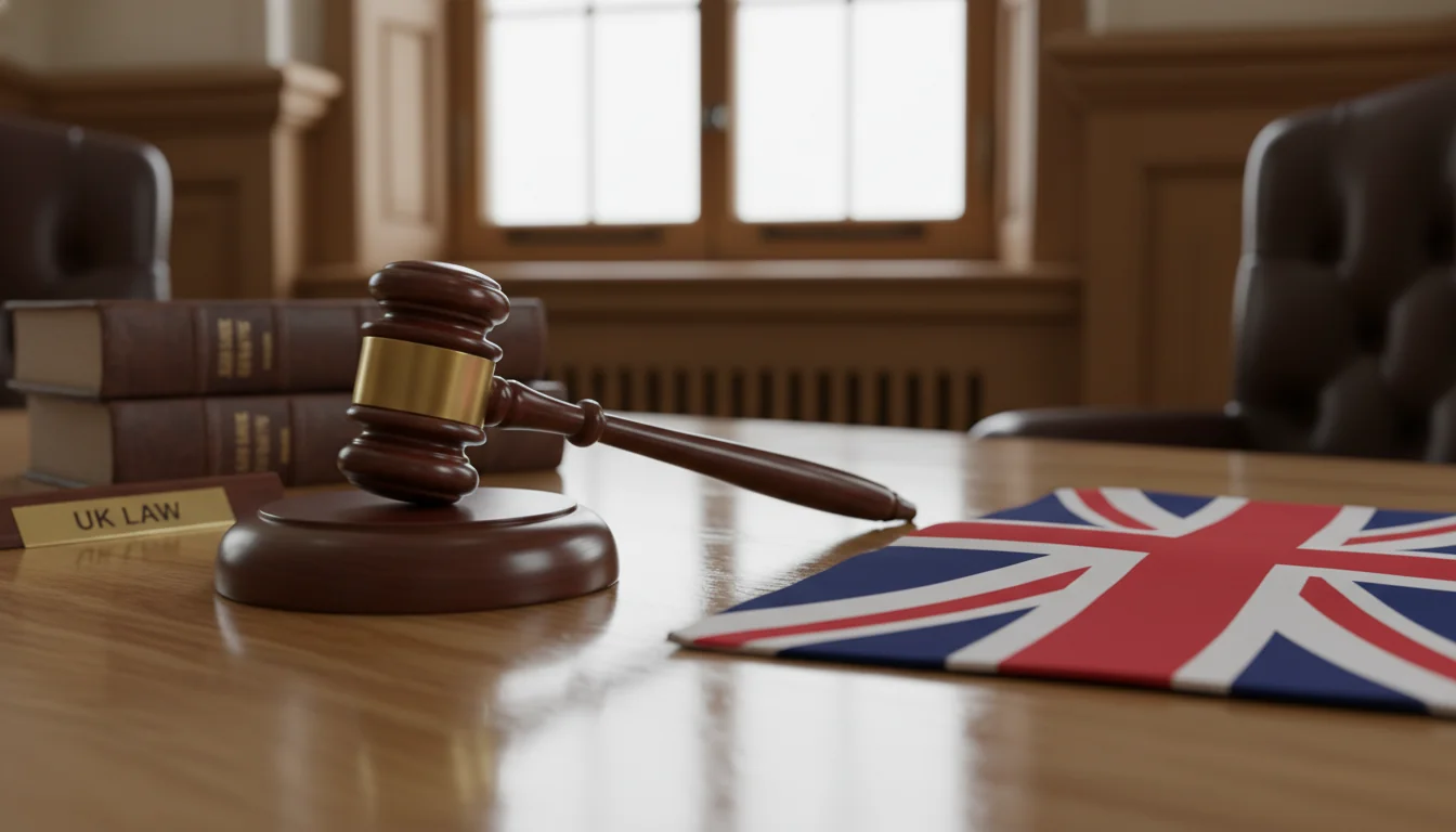 Gavel and UK flag on courtroom desk