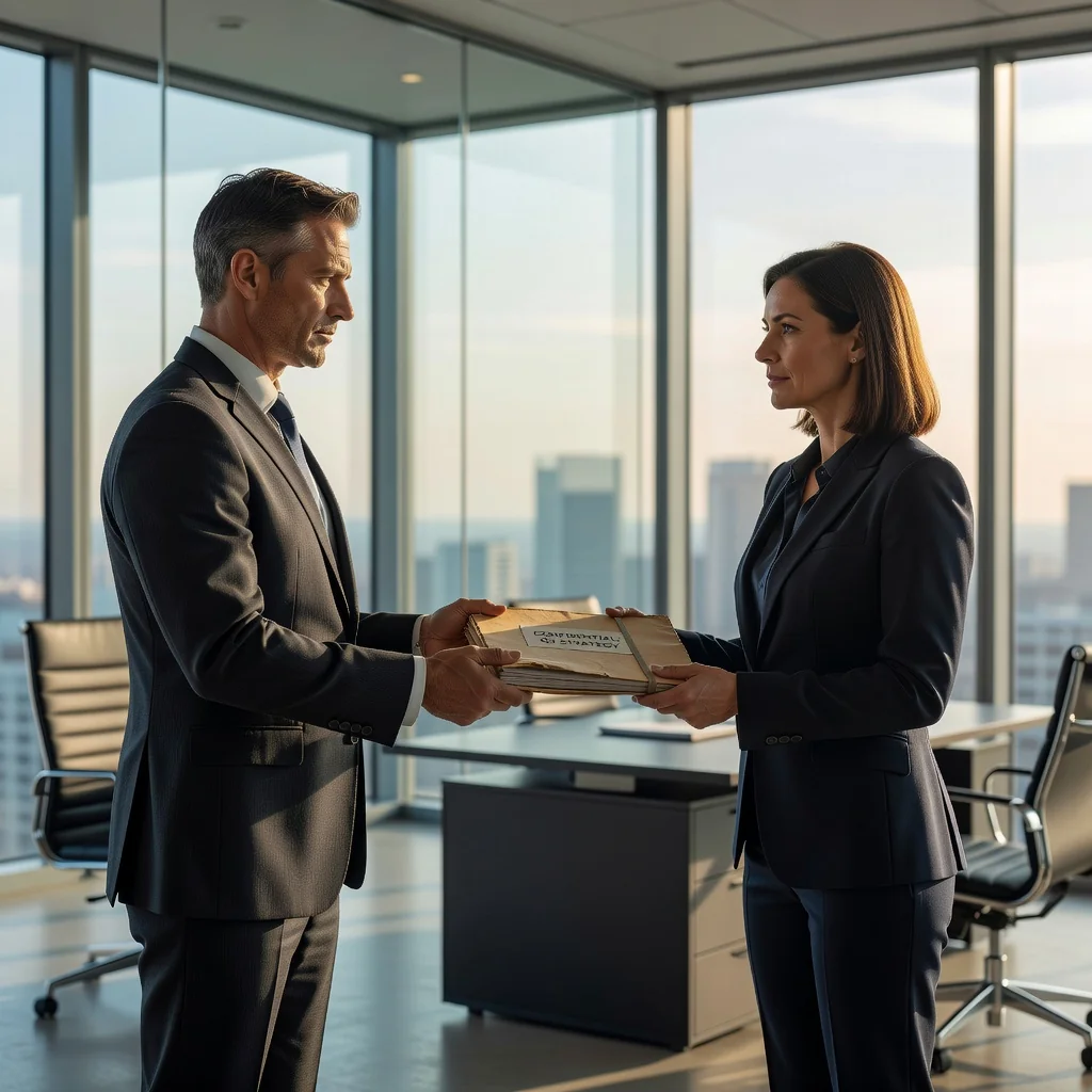 A photorealistic image of a professional business meeting in a modern office, where adults are discussing confidential information, symbolizing the protection of company secrets through a confidentiality agreement.