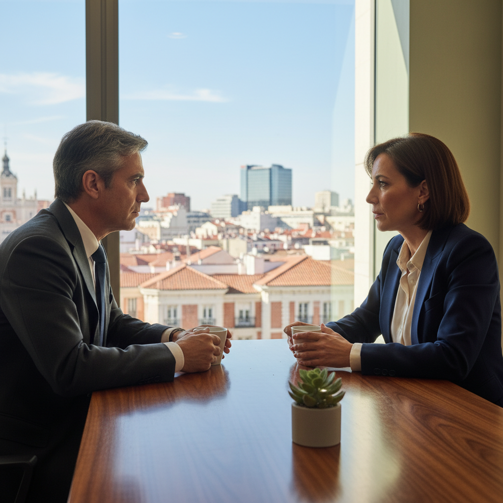 A photorealistic image of two professional adults in a modern Spanish office setting, engaged in a serious confidential discussion over coffee, symbolizing trust and privacy in business agreements, with subtle Spanish elements like a flag or architecture in the background, no children present.