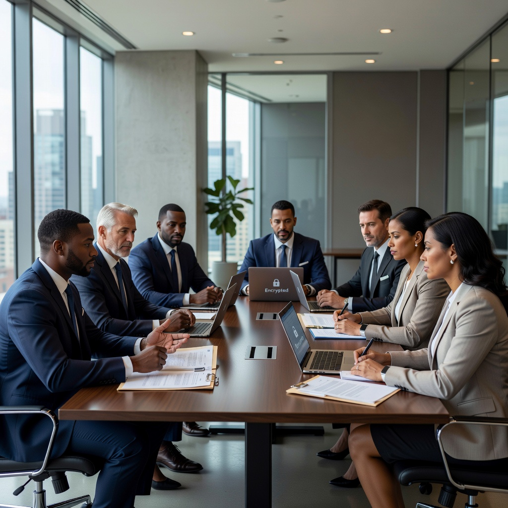 A photorealistic image of a professional business meeting in a modern office, where a diverse group of adult employees are discussing confidential information, symbolizing trust and confidentiality in the workplace.