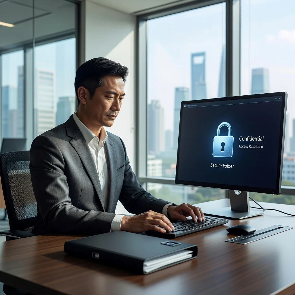 A photorealistic image of a professional adult employee in a modern Chinese office environment, symbolizing confidentiality and trust in employment, with subtle elements like a locked safe or secure data icons in the background, conveying the importance of employee confidentiality agreements without showing any legal documents.