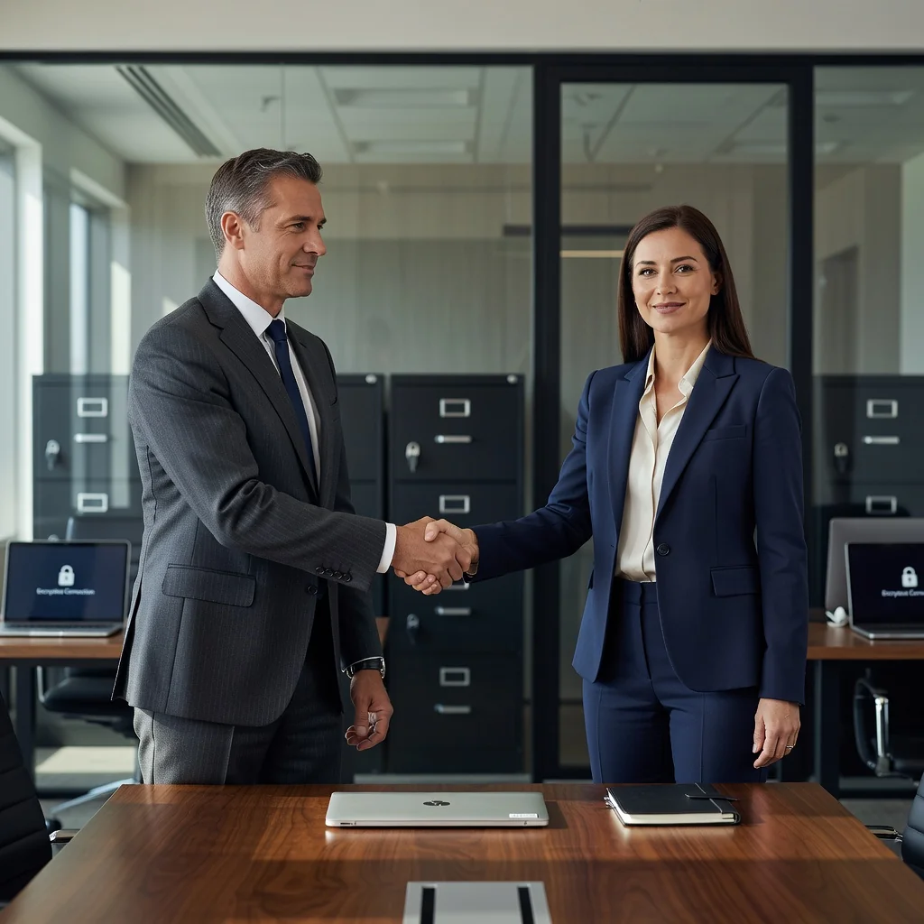 A photorealistic image of two professional adults in a modern office setting, shaking hands over a conference table to symbolize trust and confidentiality in an employment agreement, with subtle background elements like locked filing cabinets and secure computer screens, no children present, highly detailed and realistic photography style.