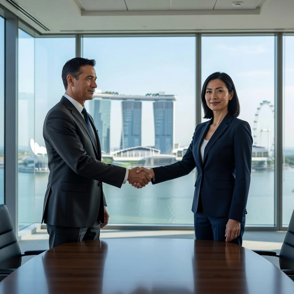 A photorealistic image of two professional adults in a modern Singapore office, shaking hands over a conference table with a city skyline view in the background, symbolizing a confidential business agreement without showing any documents.