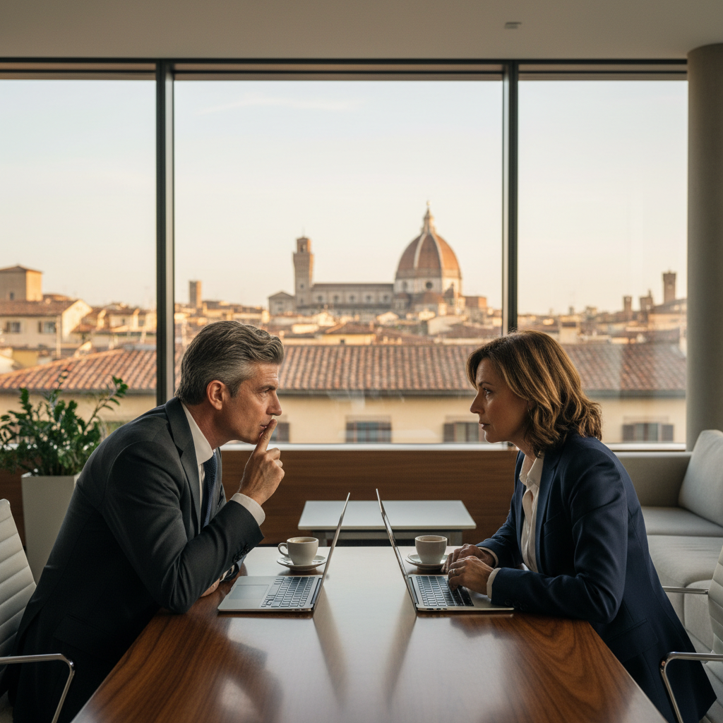 A photorealistic image of two professional adults in a modern Italian office setting, engaged in a serious confidential discussion over a table, symbolizing the protection of sensitive business information as per a non-disclosure agreement.