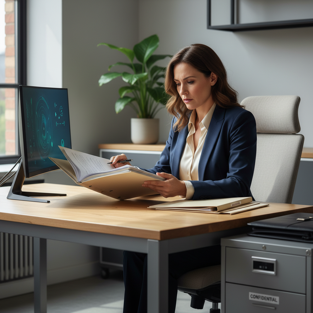 A photorealistic image of a professional adult employee in a modern office setting, engaged in a confidential discussion with a colleague, symbolizing trust and privacy in the workplace, with subtle elements like a locked filing cabinet or secure computer screen in the background, no children present.