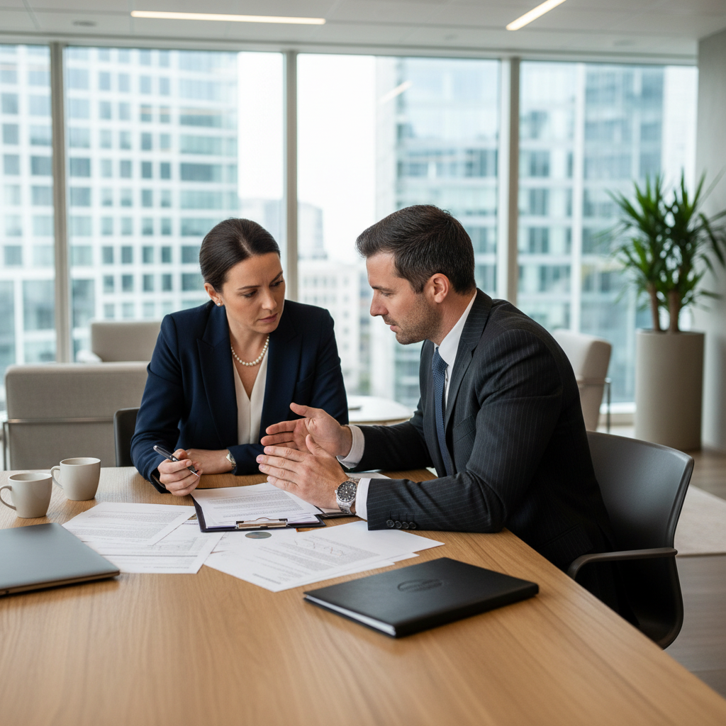 A professional business meeting between two adults in a modern UK office, symbolizing confidentiality and trust in business agreements, with one person sharing information discreetly.