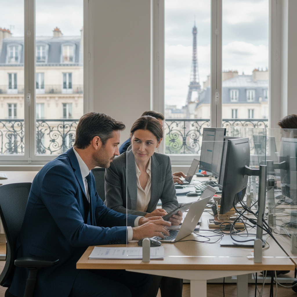 A photorealistic image of a professional adult employee in a modern French office setting, engaged in a confidential discussion with a colleague, symbolizing privacy clauses in employment contracts, with subtle French elements like a window view of Paris.