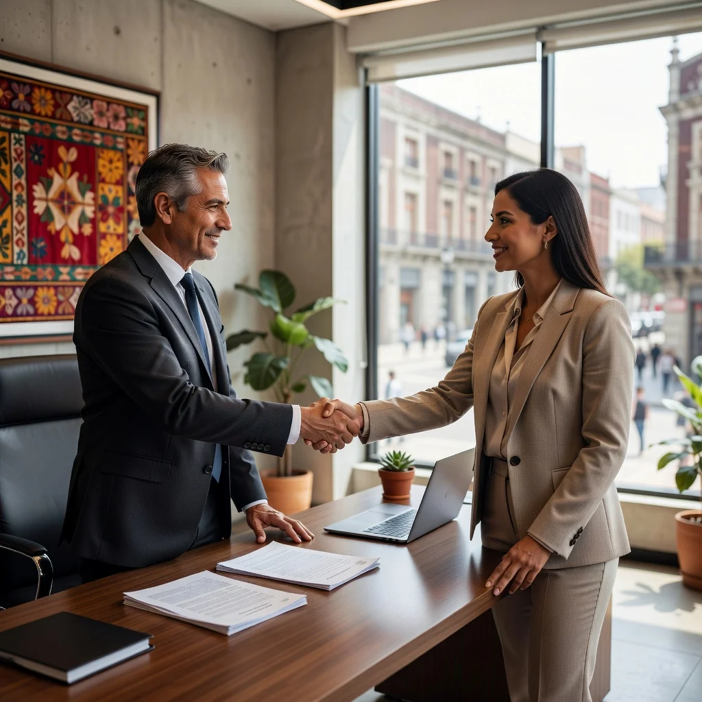 A professional scene in a modern Mexican office where two adults, a business executive and an employee, are engaged in a serious discussion about confidentiality, symbolizing trust and protection of sensitive information in a work environment. The image captures the essence of workplace confidentiality without showing any documents.