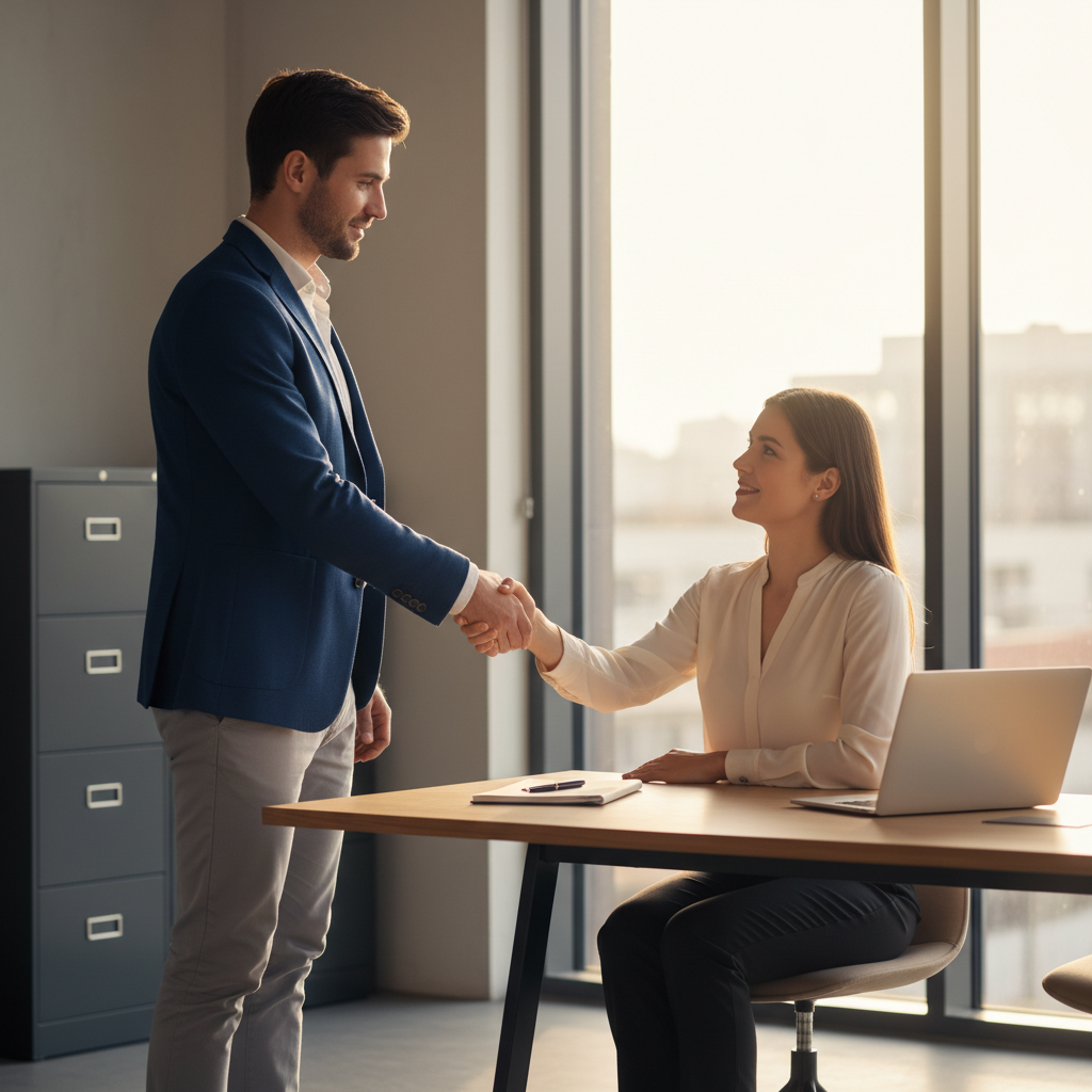 A photorealistic image of a professional adult employee in a modern office setting, shaking hands with a colleague across a desk, symbolizing trust and confidentiality in an employment agreement. The atmosphere is collaborative and secure, with subtle elements like a locked briefcase or secure digital interface in the background, but no visible documents or text. No children are present.