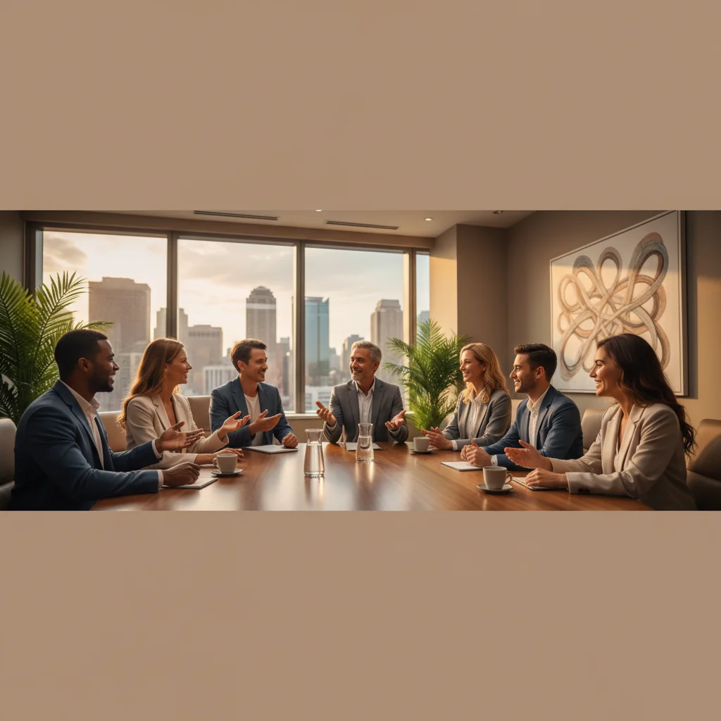 A professional office scene showing a diverse group of US employees in a modern workplace, engaged in collaborative discussion around a conference table, symbolizing trust, confidentiality, and teamwork without directly depicting legal documents.