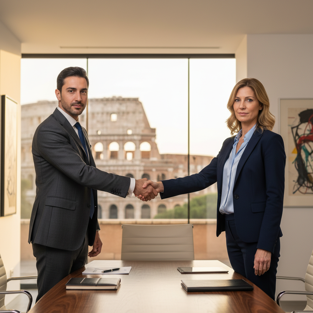 A photorealistic image representing confidentiality and trust in a professional Italian business setting, showing two adult business professionals in a modern office in Italy shaking hands over a conference table, with subtle Italian landmarks visible through the window in the background, conveying security and agreement without displaying any documents.