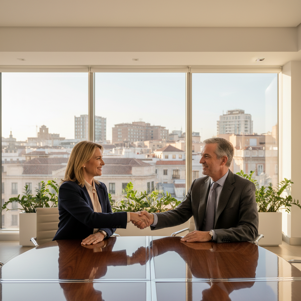 A photorealistic image of two professional adults in a modern Spanish office setting, shaking hands over a conference table while exchanging serious glances, symbolizing trust and confidentiality in business agreements, with subtle Spanish elements like a flag or architecture in the background.