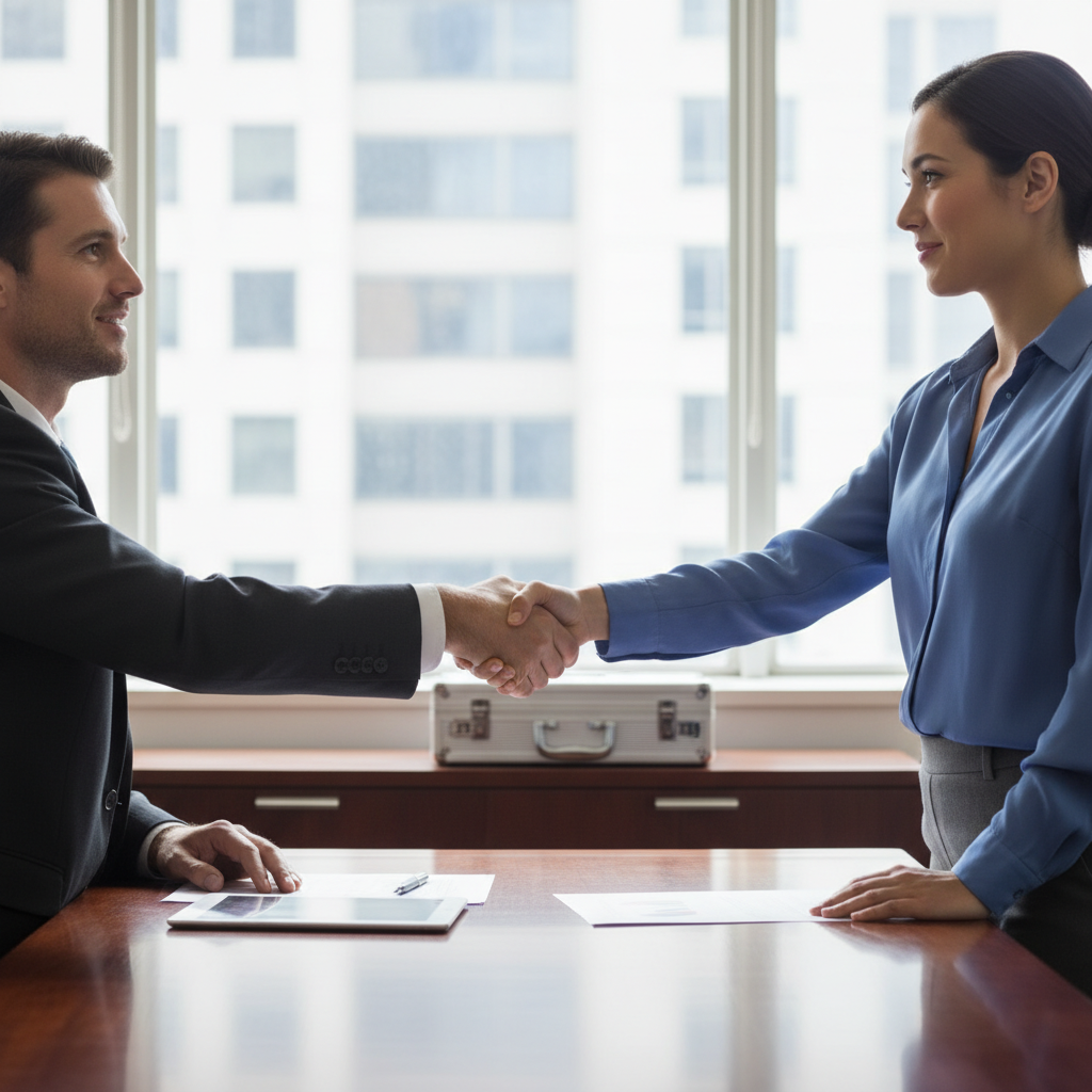 A photorealistic image of a professional adult employee in a modern office environment, shaking hands with a colleague across a desk, symbolizing trust and confidentiality in an employment contract, with subtle elements like a locked briefcase nearby to represent privacy, no children present.