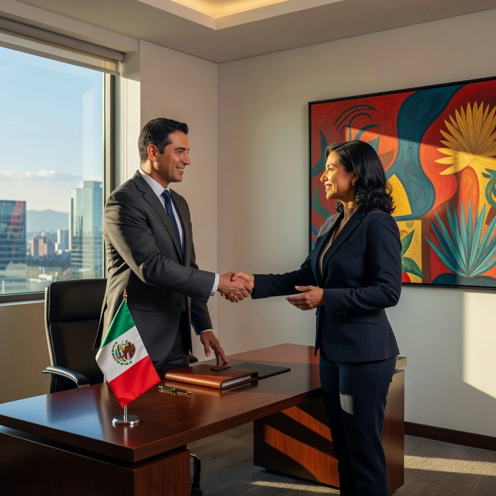 A photorealistic image of two professional adults in a modern Mexican office setting, shaking hands across a desk to symbolize trust and confidentiality in a labor agreement, with subtle Mexican cultural elements like a flag or traditional decor in the background, conveying security and professional partnership without showing any legal documents.