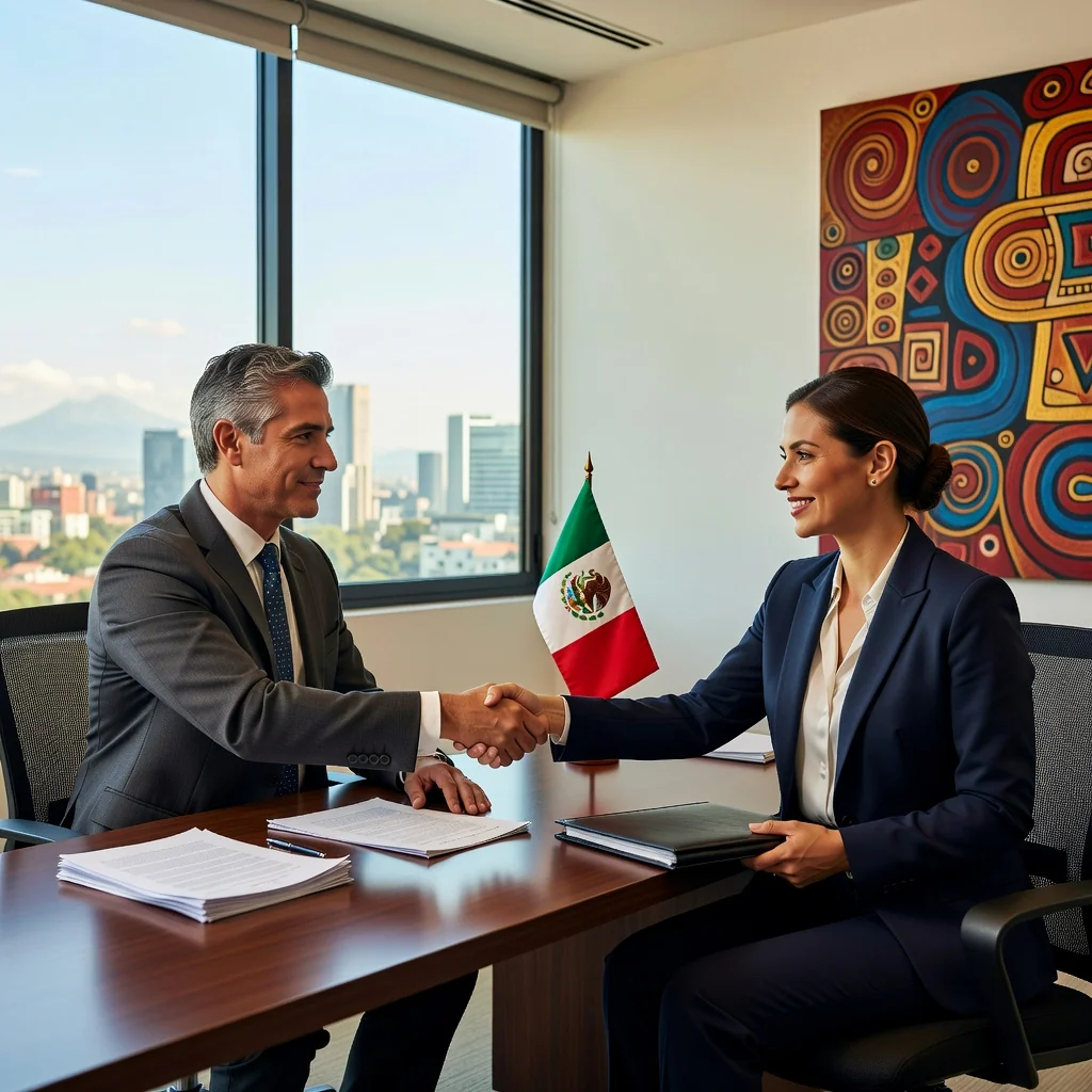 A photorealistic image of two professional adults in a modern Mexican office setting, shaking hands over a desk to symbolize trust and confidentiality in a labor agreement, with subtle Mexican cultural elements like a flag or traditional decor in the background, conveying security and professionalism in employment.