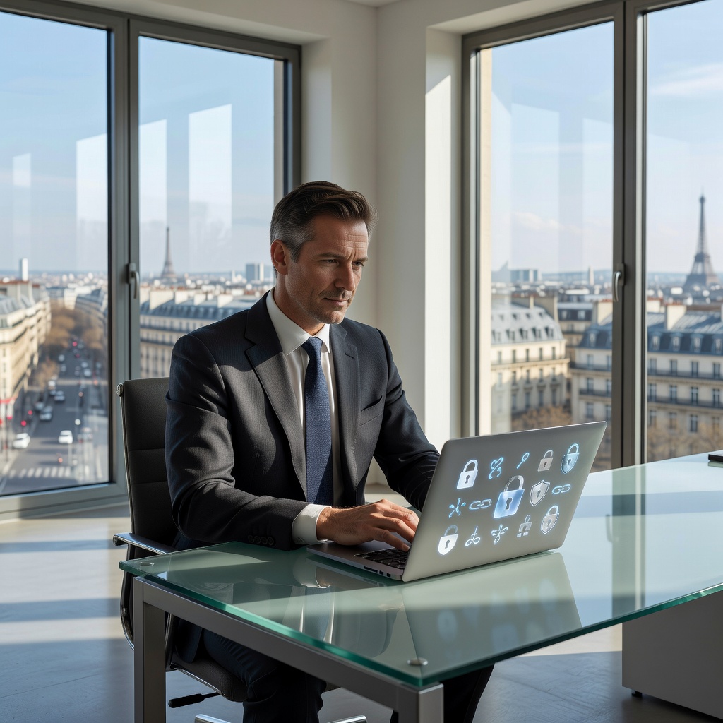A photorealistic image of a professional adult employee in a modern office setting, looking thoughtful while reviewing a non-disclosure agreement on a laptop, symbolizing confidentiality obligations in French employment law, with no children present and no legal documents shown directly.