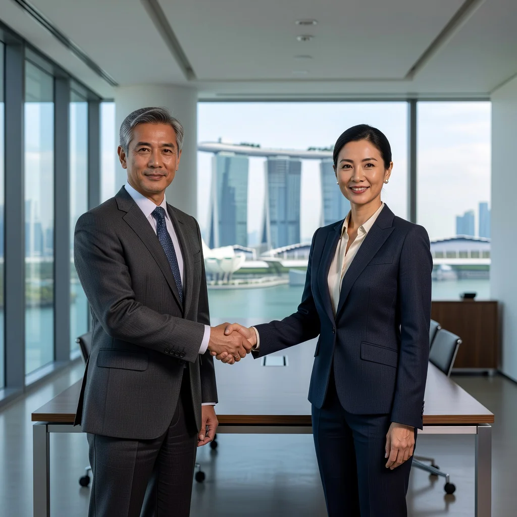 A photorealistic image depicting two professional adults in a modern Singapore office, shaking hands across a conference table to symbolize a confidential business agreement, with subtle Singapore skyline visible through the window in the background, conveying trust and protection of sensitive information without showing any legal documents.