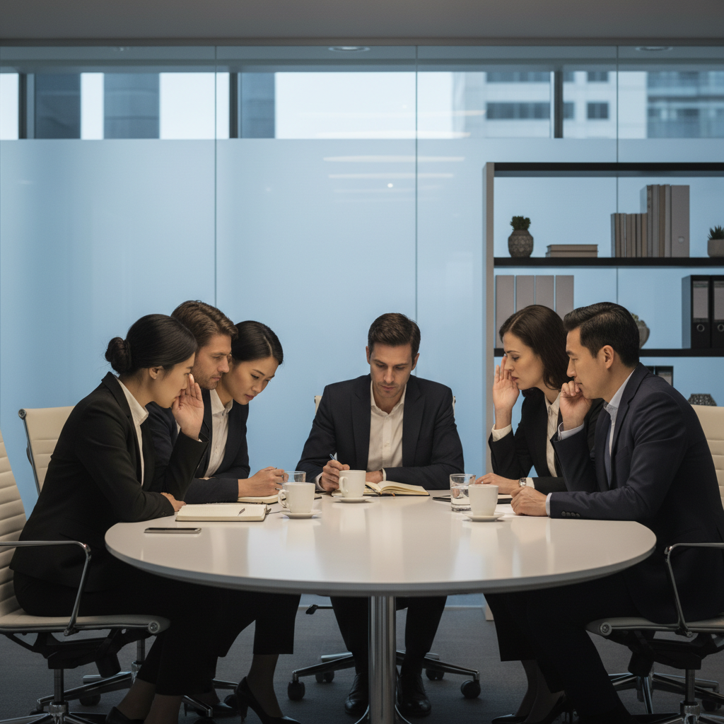 A photorealistic image of a professional business meeting in a modern office, where adults are engaged in a confidential discussion around a table, symbolizing the importance of confidentiality clauses without showing any documents.