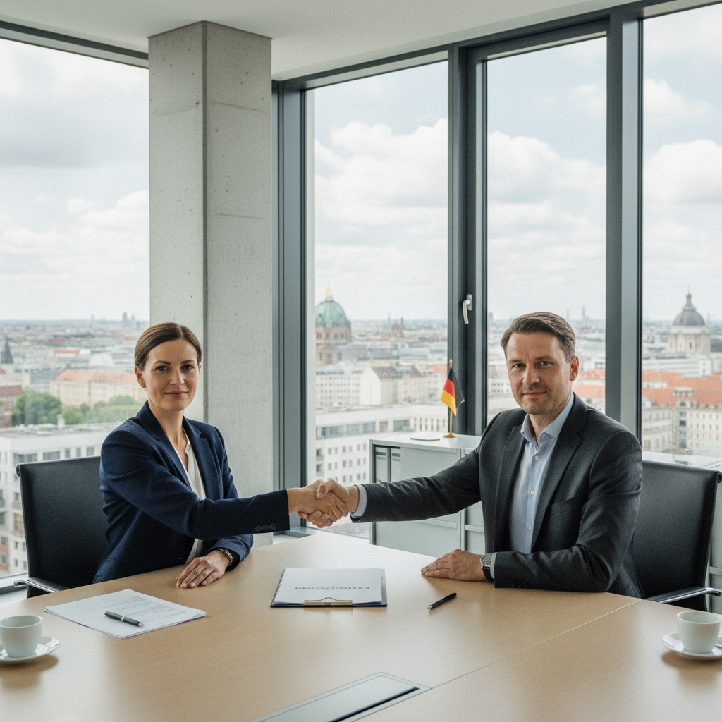 A photorealistic image of a professional adult employee in a modern German office setting, signing an employment contract with a colleague, symbolizing confidentiality and trust in the workplace. The scene conveys security and professionalism without showing any legal documents directly.