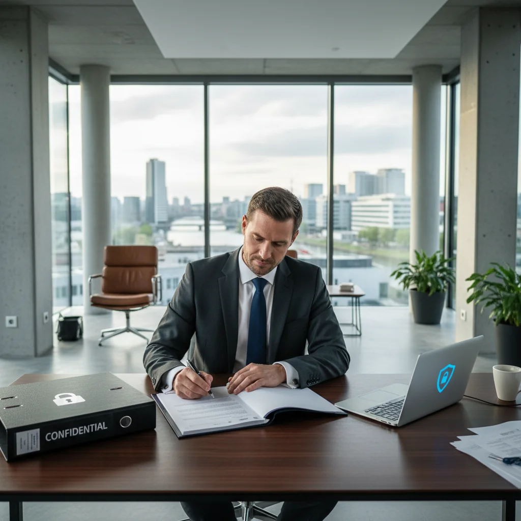 A photorealistic image of a professional adult employee in a modern German office environment, signing a confidential employment agreement at a desk, surrounded by subtle symbols of trust and privacy like a locked folder and a secure laptop, evoking the essence of a non-disclosure clause in an Arbeitsvertrag without showing the actual document.