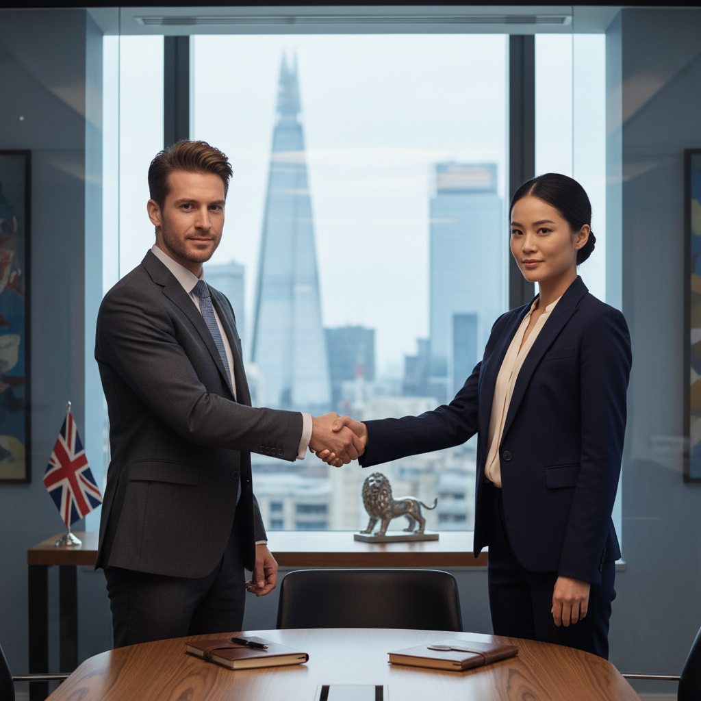 A professional business meeting in a modern UK office, with adults shaking hands over a table, symbolizing confidentiality and trust in business agreements, photorealistic style.