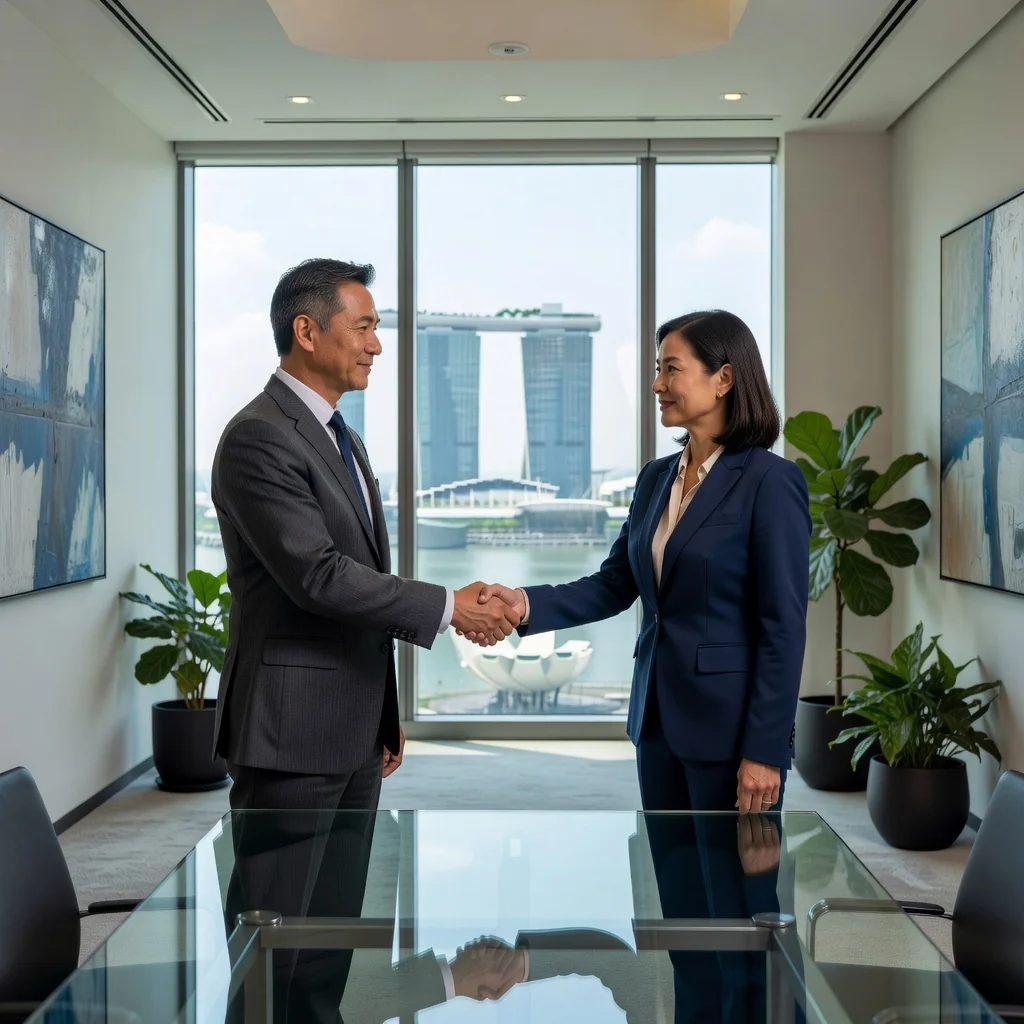 A photorealistic image depicting two professional adults in a modern Singapore office, shaking hands over a conference table with a city skyline view in the background, symbolizing a confidential business agreement without showing any documents.