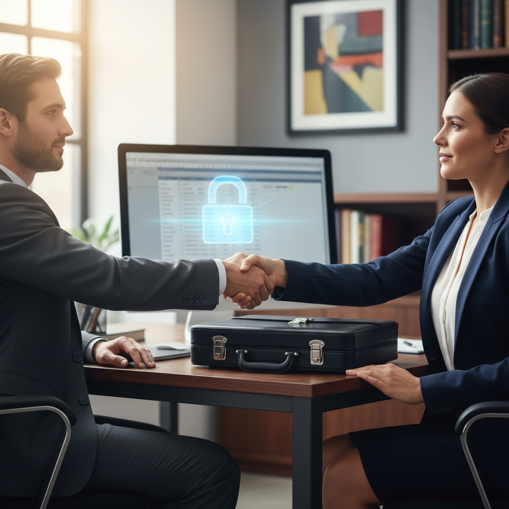 A photorealistic image of two professional adults in a modern office setting, shaking hands across a desk to symbolize trust and confidentiality in an employment agreement, with subtle secure elements like a locked briefcase or digital lock icon in the background, no children present.