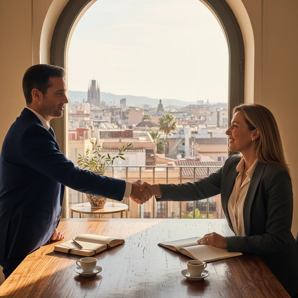 A photorealistic image of a professional adult employee in a modern Spanish office setting, shaking hands with a business colleague across a desk, symbolizing trust and confidentiality in an employment agreement. The scene conveys security and professionalism, with subtle Spanish elements like a flag or architecture in the background. No children are present.