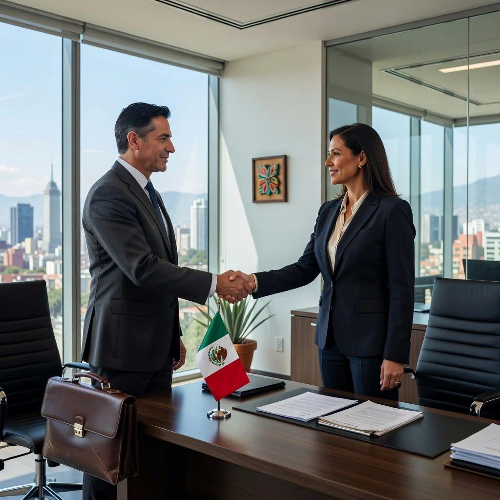 A photorealistic image depicting a professional handshake between two adults in a modern Mexican office setting, symbolizing trust and confidentiality in employment agreements. The scene includes diverse adult professionals in business attire, with subtle Mexican cultural elements like a flag or office decor in the background. No children are present.