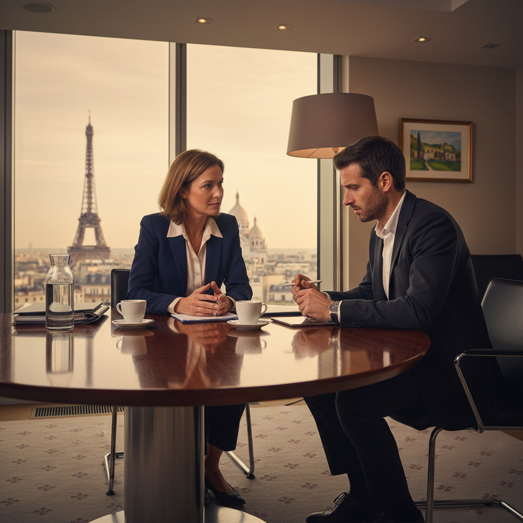A photorealistic image depicting a professional meeting between an employer and an adult employee in a modern French office setting, discussing terms of employment with a sense of trust and confidentiality, no children present, no legal documents visible.