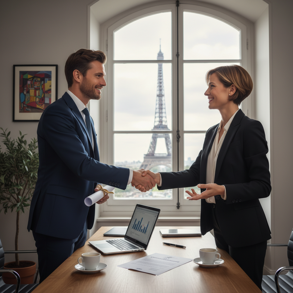 A photorealistic image of a professional adult employee in a modern French office, shaking hands with a business colleague across a desk, symbolizing trust and confidentiality in employment contracts. The scene conveys a sense of security and agreement in a workplace setting, with subtle French elements like a window view of Paris. No children are present.