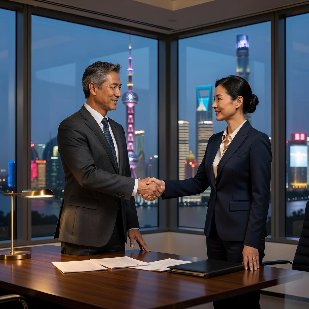 A photorealistic image of two professional adults in a modern Chinese office, shaking hands over a desk to symbolize confidentiality agreement in employment, with subtle Chinese cultural elements like a Beijing skyline view through the window, conveying trust and business partnership without showing any legal documents.