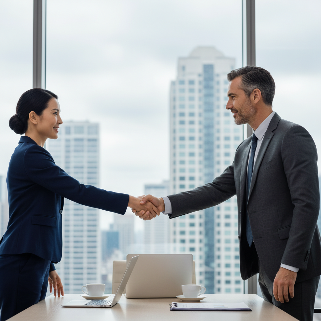 A photorealistic image of two professional business partners in a modern conference room, shaking hands firmly across a polished wooden table, symbolizing trust, collaboration, and agreement in corporate governance. They are adults in business attire, with city skyline visible through large windows in the background, conveying importance and partnership in shareholder relations. No children or any individuals under 18 are present.