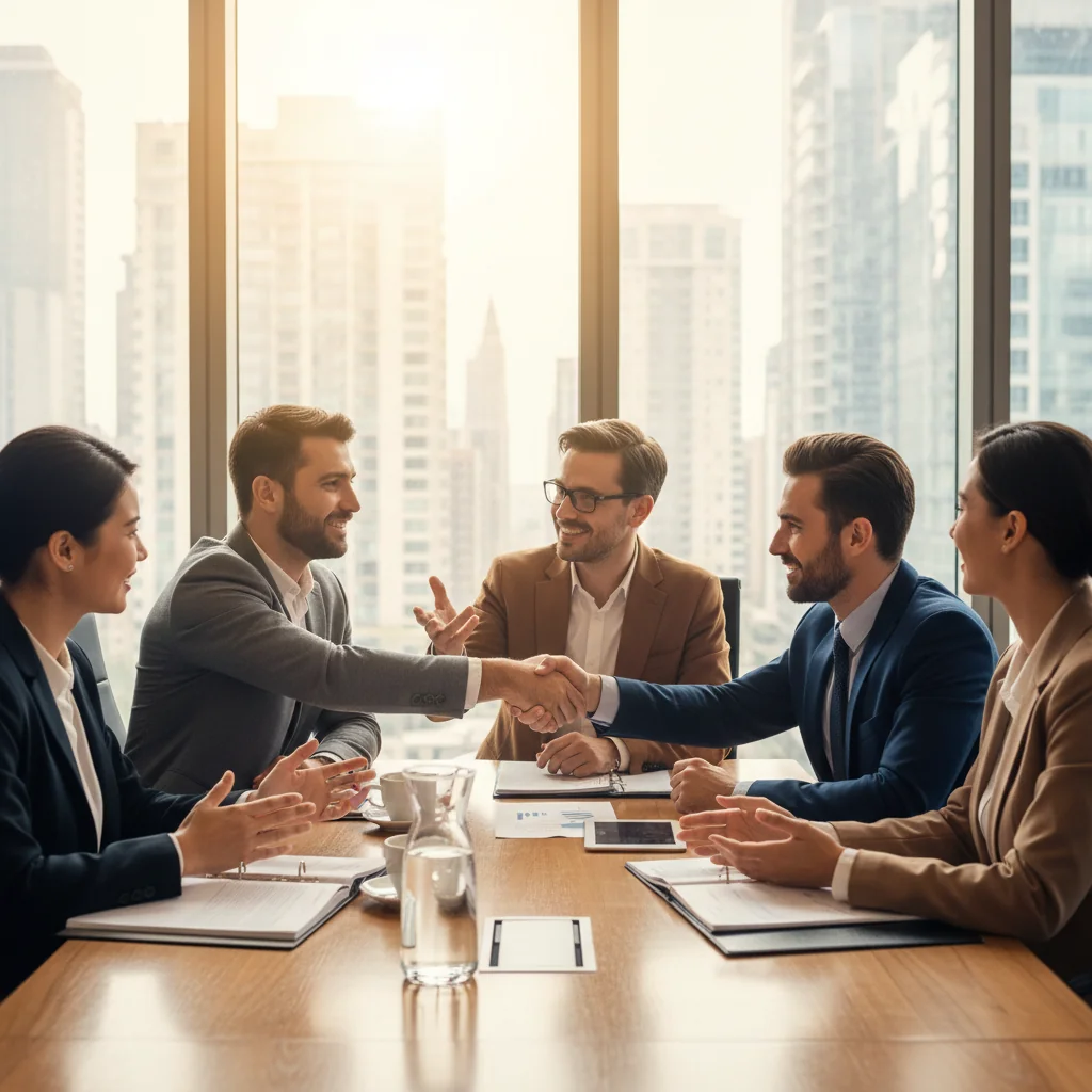 A professional group of diverse businesspeople engaged in a collaborative discussion around a conference table, symbolizing partnership and agreement in a corporate setting, with elements like handshakes or shared ideas to represent shareholders' unity and avoiding conflicts.