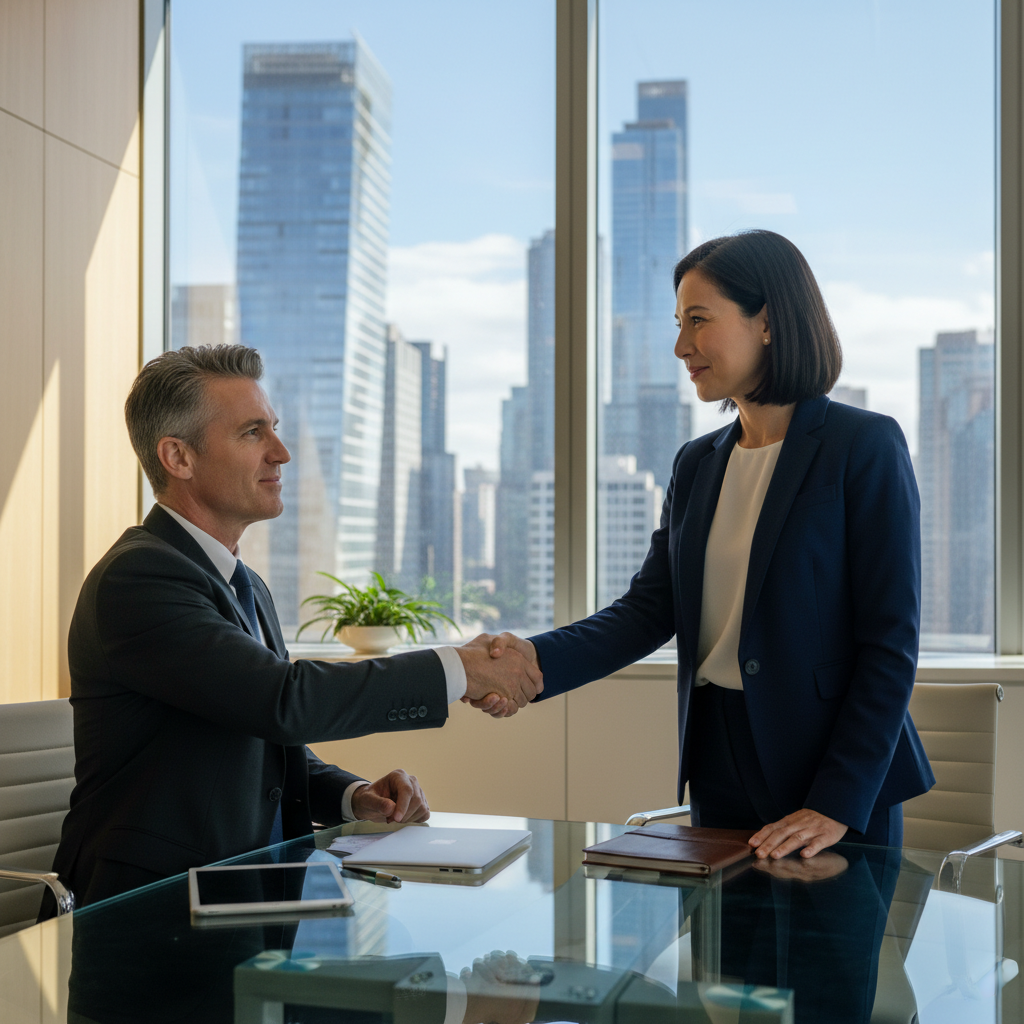 A photorealistic image depicting two professional business executives in a modern conference room, engaged in a serious discussion over a table with laptops and coffee cups, symbolizing negotiation and agreement in shareholder matters, conveying trust and collaboration without any legal documents visible.