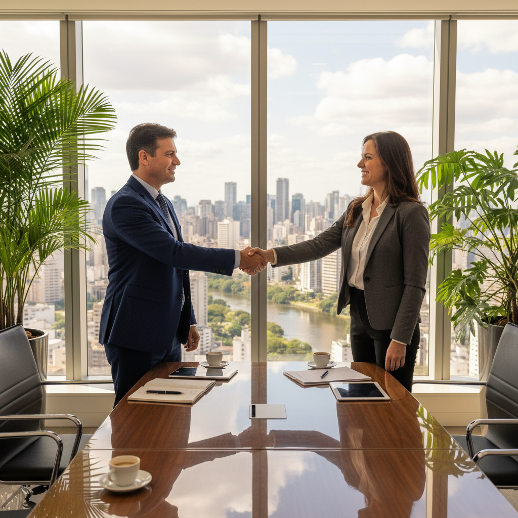 A photorealistic image of two professional business partners in a modern Brazilian office, shaking hands over a conference table with a view of São Paulo skyline in the background, symbolizing partnership and agreement in a corporate context.