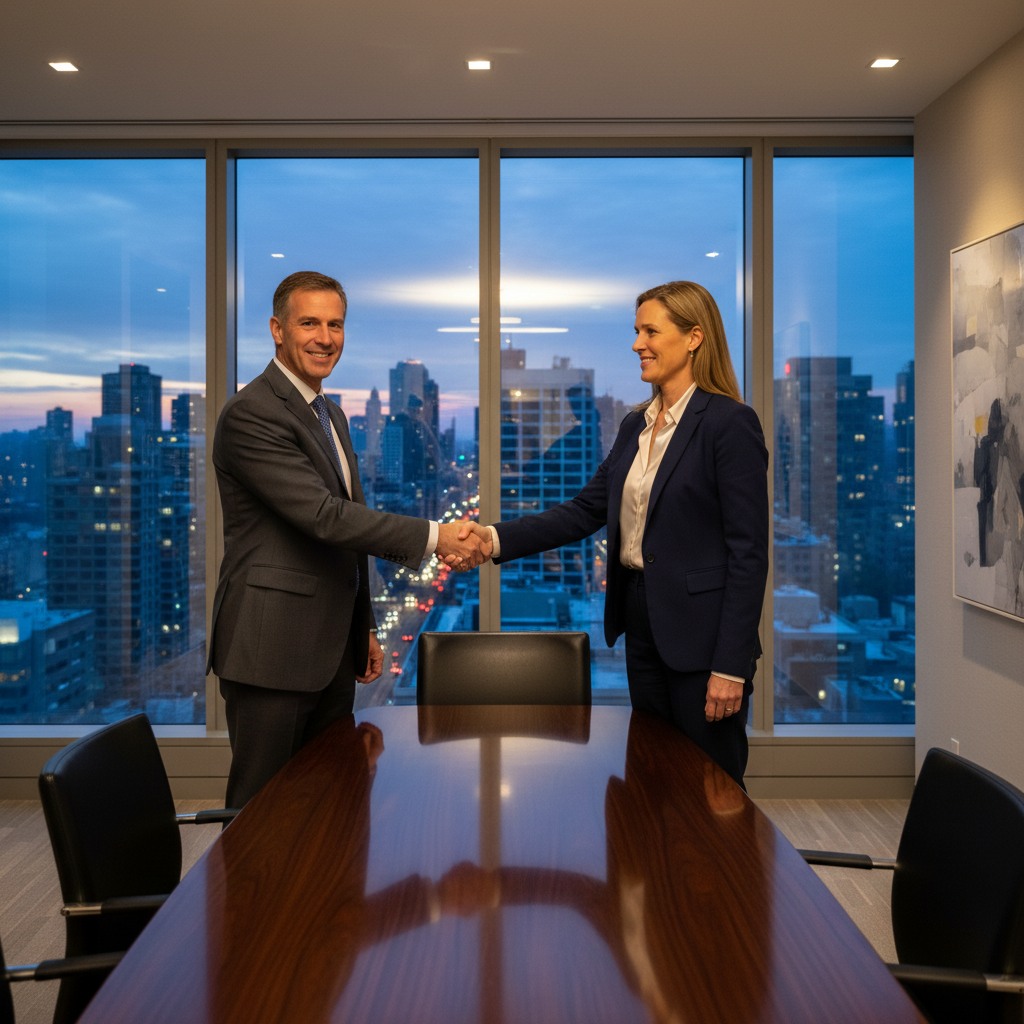 A photorealistic image of two professional business partners shaking hands in a modern conference room, symbolizing trust and agreement in a corporate partnership, with a city skyline visible through large windows in the background, conveying stability and collaboration without showing any legal documents.