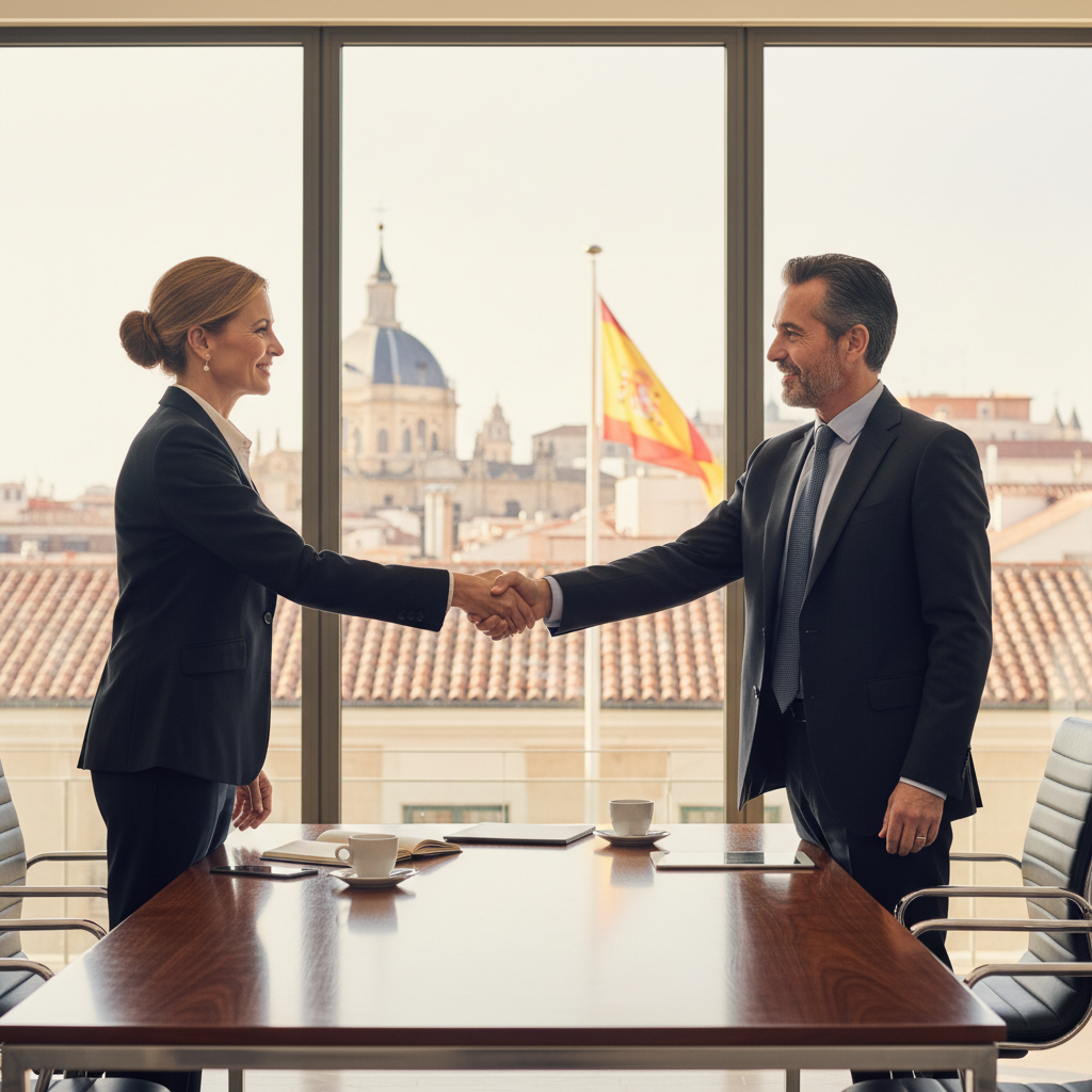 A photorealistic image of two professional adults shaking hands in a modern Spanish office, symbolizing partnership and agreement, with subtle Spanish elements like a flag or architecture in the background.