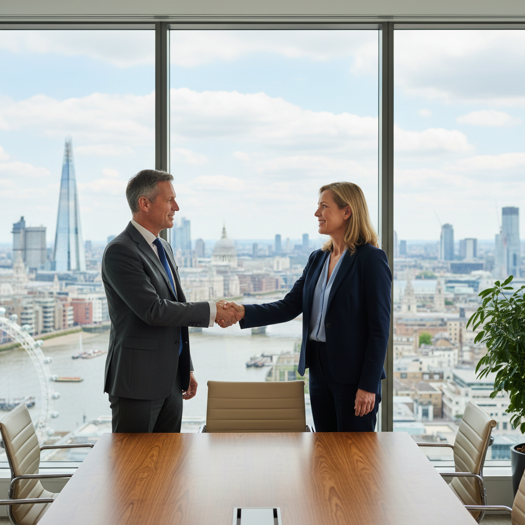 A photorealistic image of two professional adults in a modern UK office setting, shaking hands over a conference table with city skyline view, symbolizing successful business partnership and agreement, conveying trust and collaboration without showing any legal documents.
