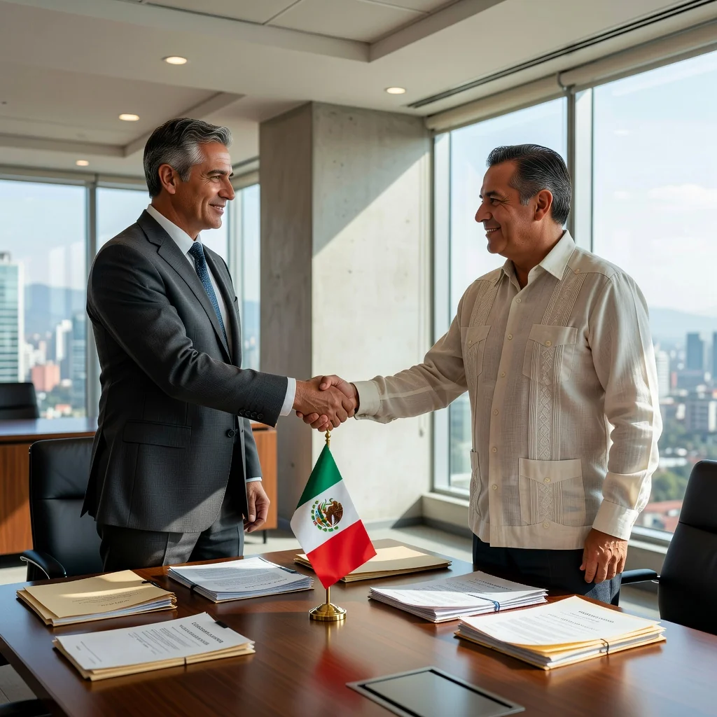 A photorealistic image of two professional adults in a modern Mexican office, shaking hands over a conference table with subtle Mexican cultural elements like a flag in the background, symbolizing partnership and agreement in business.