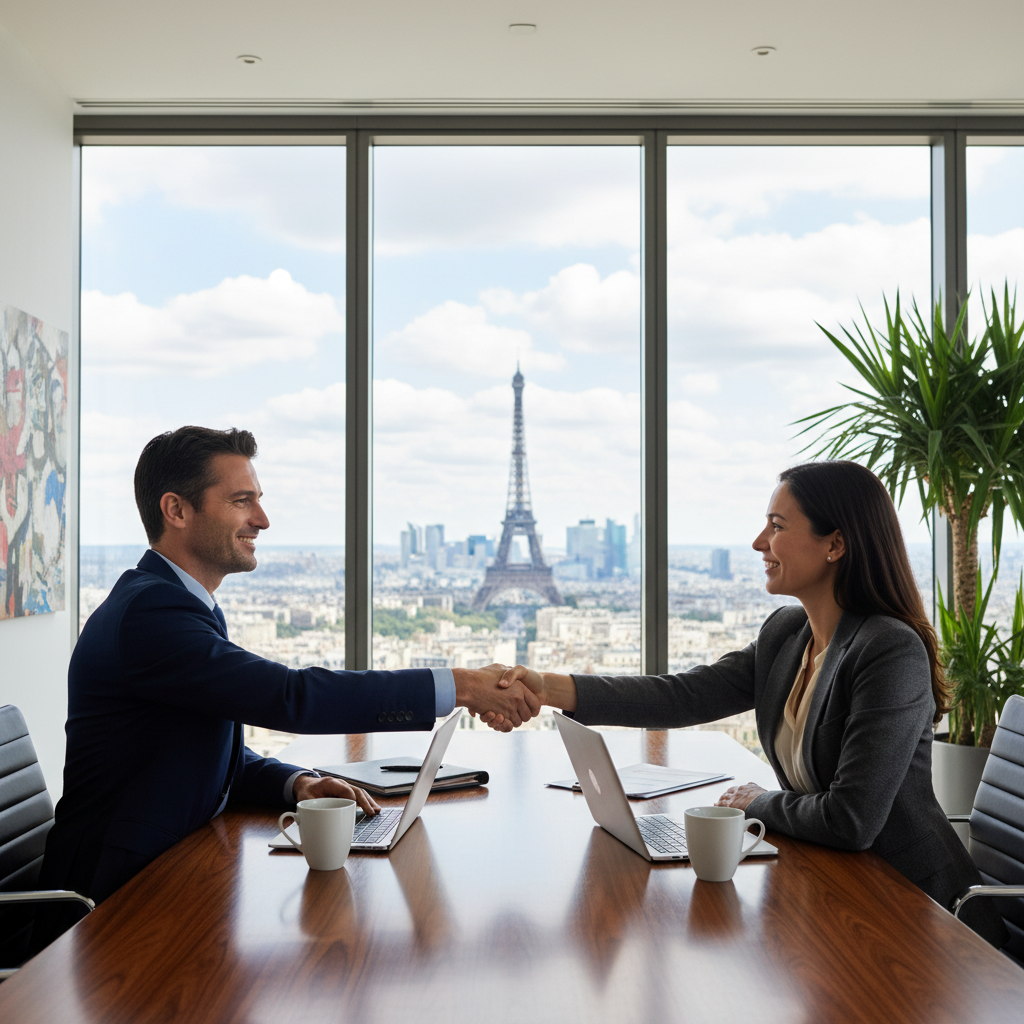 A photorealistic image of two professional business partners in a modern French office, shaking hands over a conference table with subtle French elements like a window view of the Eiffel Tower in the background, symbolizing agreement and partnership in a shareholder pact, no children present, highly detailed and realistic photography style.