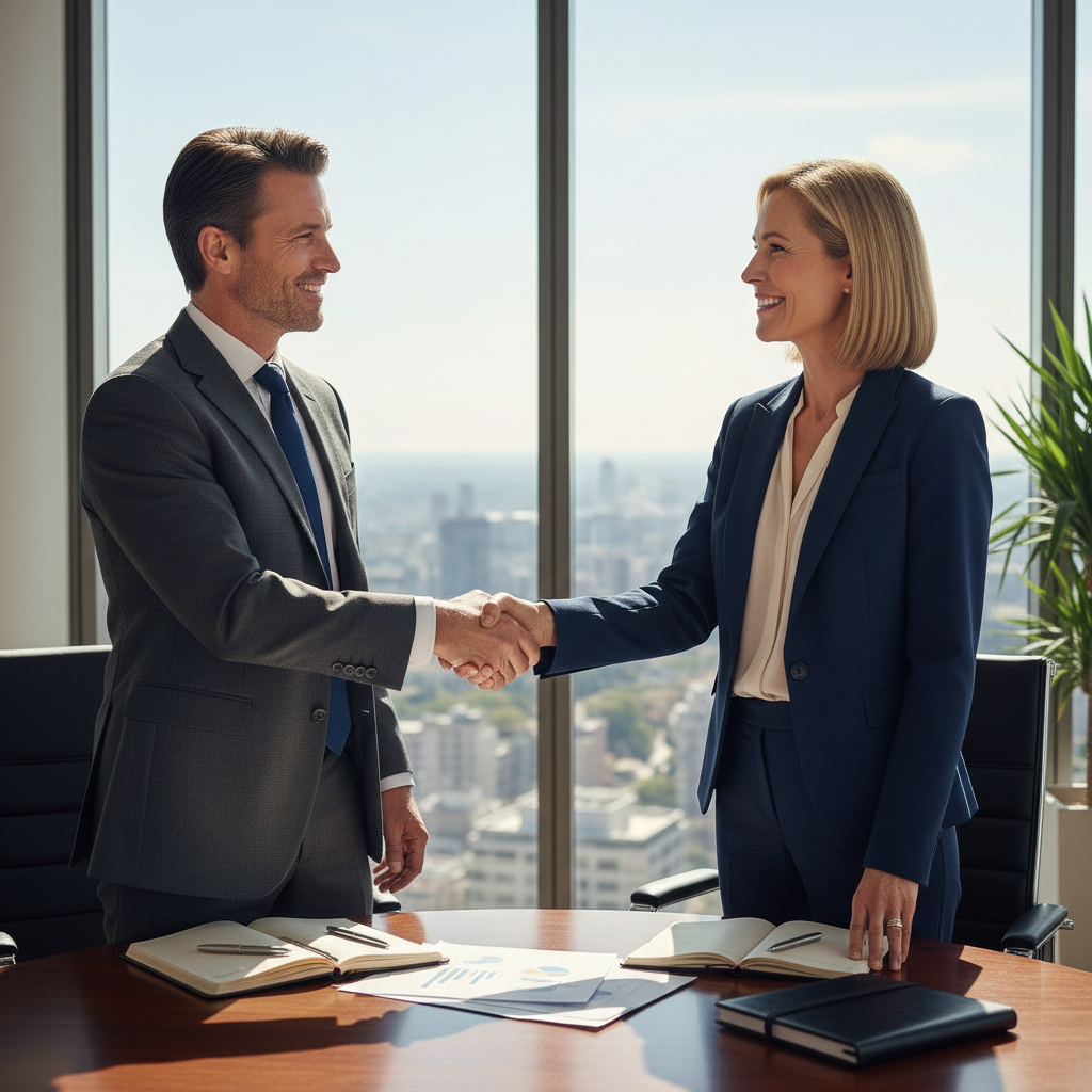 A photorealistic image of two professional adults, a man and a woman in business attire, shaking hands firmly across a modern conference table in a bright office setting, symbolizing partnership and agreement in a business venture, with city skyline visible through large windows in the background. No children or legal documents visible.