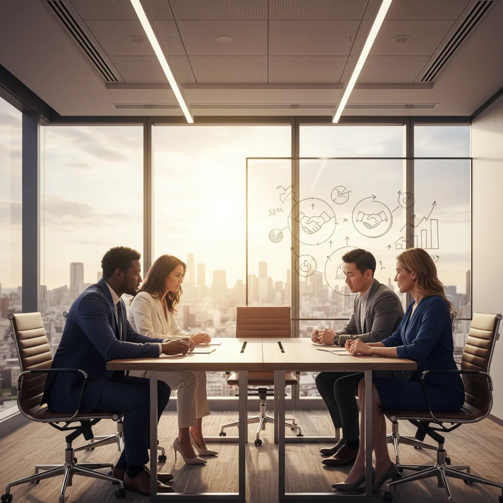 A professional group of diverse business executives in a modern conference room, engaged in a strategic discussion around a table, symbolizing partnership, collaboration, and shared ownership in a corporate setting.