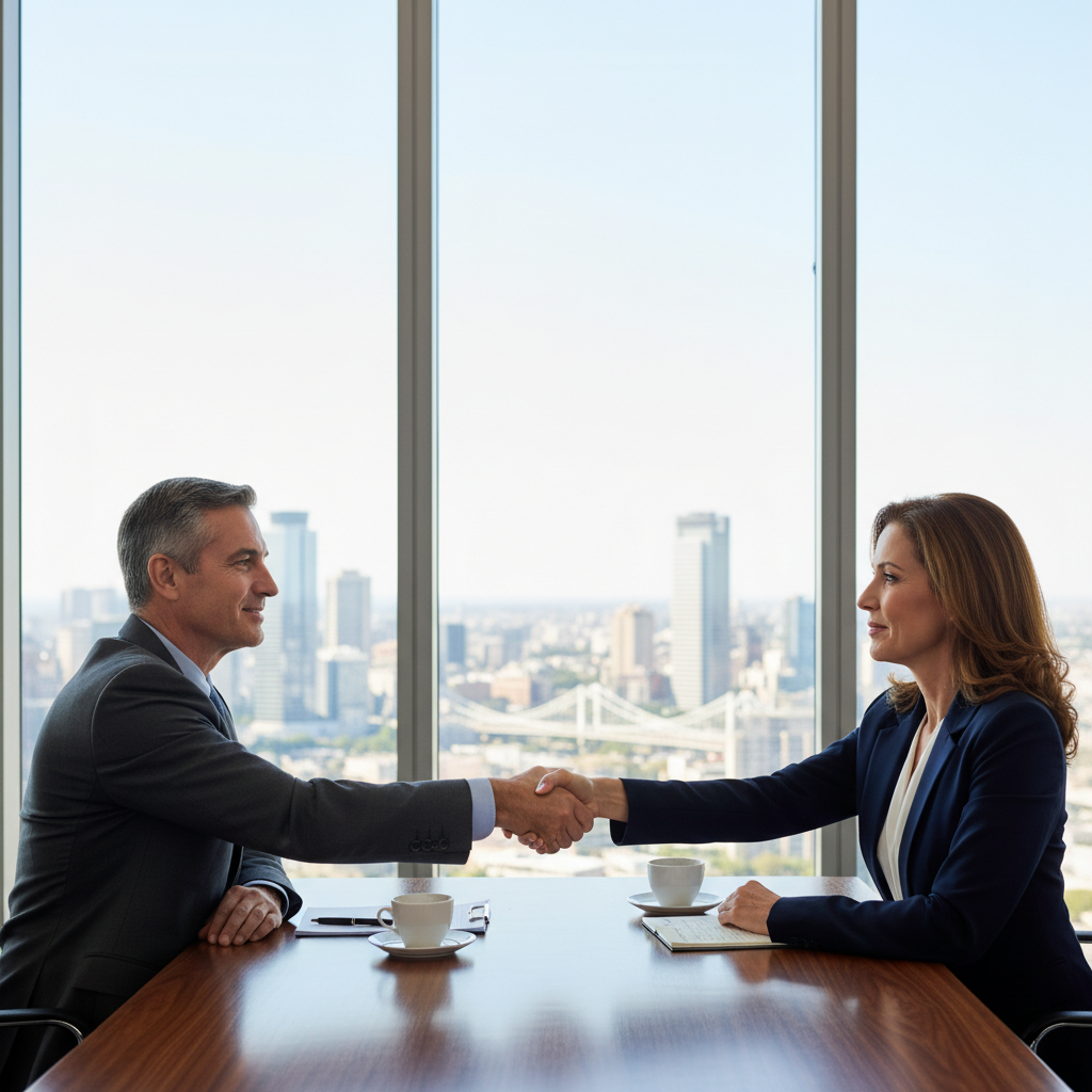 A photorealistic image of two professional adults in a modern office setting, shaking hands over a conference table with city skyline view in the background, symbolizing partnership and agreement in business, no children present.