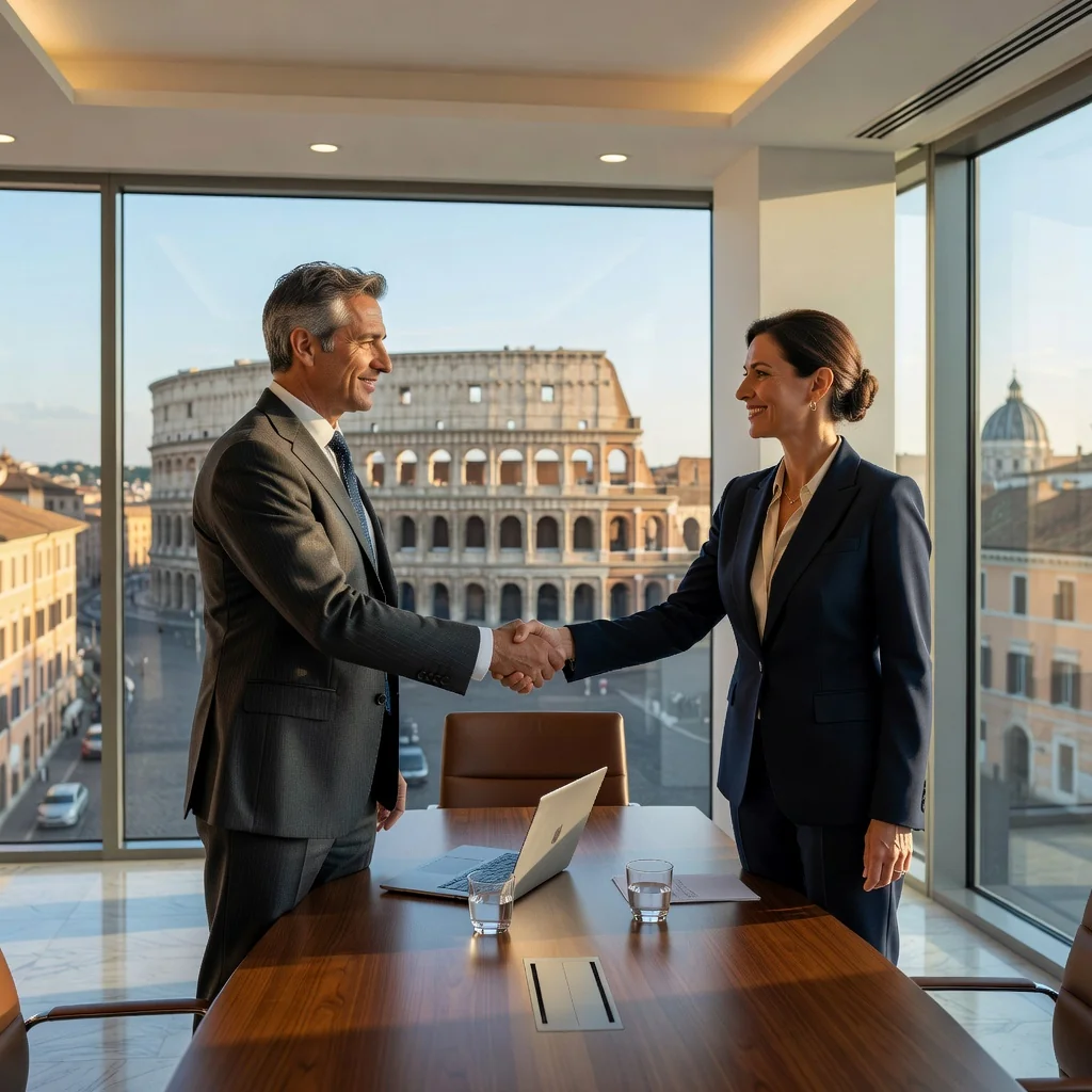 A photorealistic image representing the essence of a shareholders' agreement in Italy, showing two professional business partners in a modern Italian office, shaking hands over a conference table with subtle Italian landmarks visible through the window, symbolizing trust, partnership, and corporate collaboration. No children are present in the image.