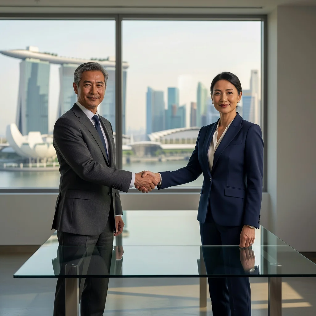 A photorealistic image of two professional adults in a modern Singapore office, shaking hands over a conference table with a blurred city skyline view of Singapore in the background, symbolizing a successful business partnership and agreement, no children present.