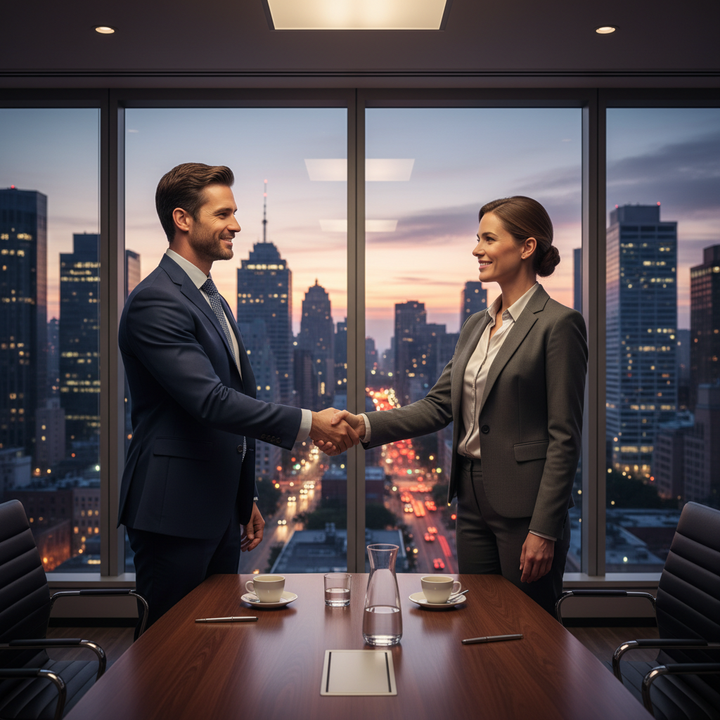 A photorealistic image of two professional business partners in a modern office, shaking hands over a conference table with city skyline view, symbolizing partnership and agreement in a company, no children present, no documents or text visible.
